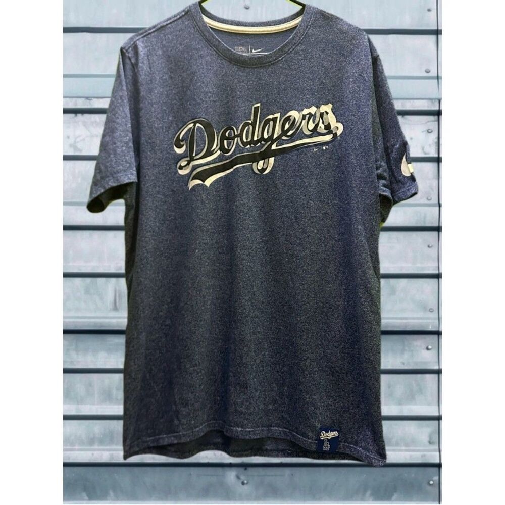 Nike Dodgers Men's Dark Blue Graphic Tee with Cream Logo L